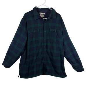 L.L.Bean Fleece Lined Flannel Shirt Jacket XL Green Black Plaid Traditional Fit